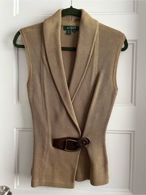 Ralph Lauren Petite Shawl-Collar Knit Vest in Taupe with Brown Trim